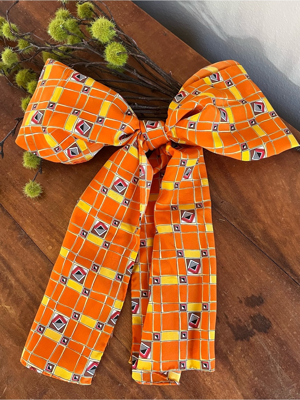 3/$20 Vintage Estate Orange Geometric Print Scarf Bright Wrinkle Resistant Retro